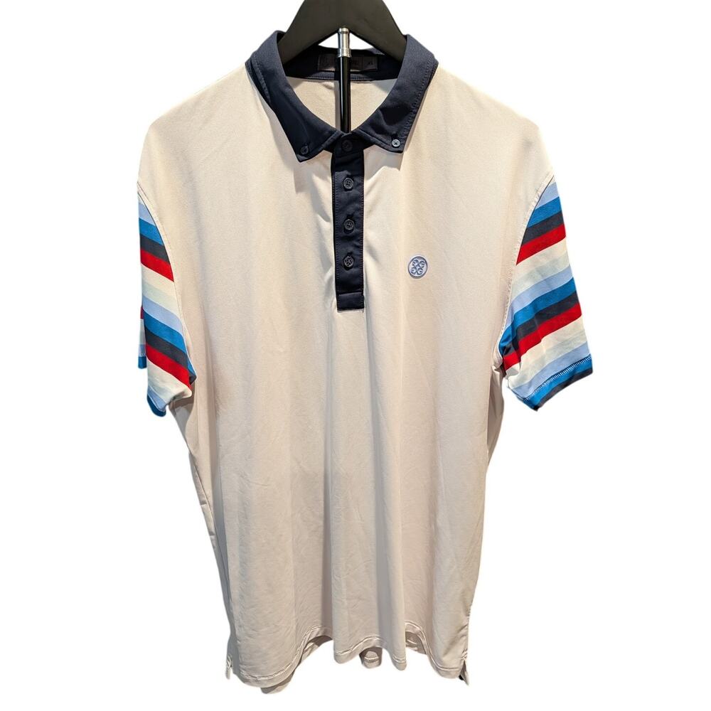 G/FORE Golf Polo Men XL White Red Blue Stripe Sleeve Performance Shirt